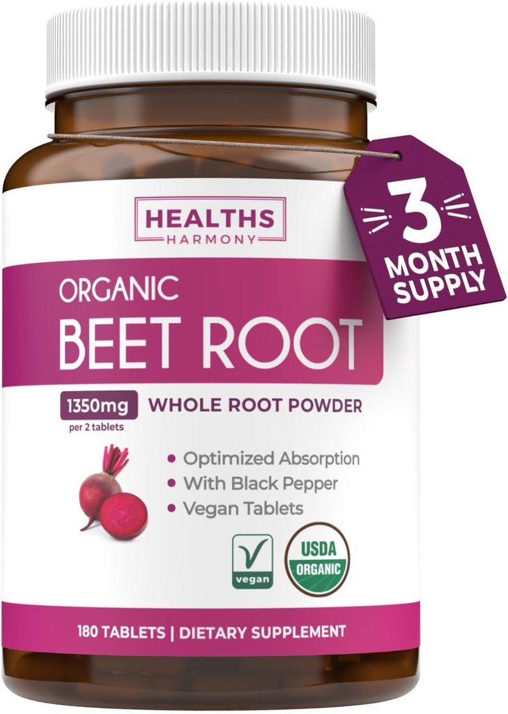 Βιολογικά δισκία σκόνης ρίζας τεύτλων - Extra Strength Beet Supplement with Black Pepper Extract for Enhanced Absorvation to Support Heart Health Nitric Oxide Production & Athletic Performance (3 Μήνες)