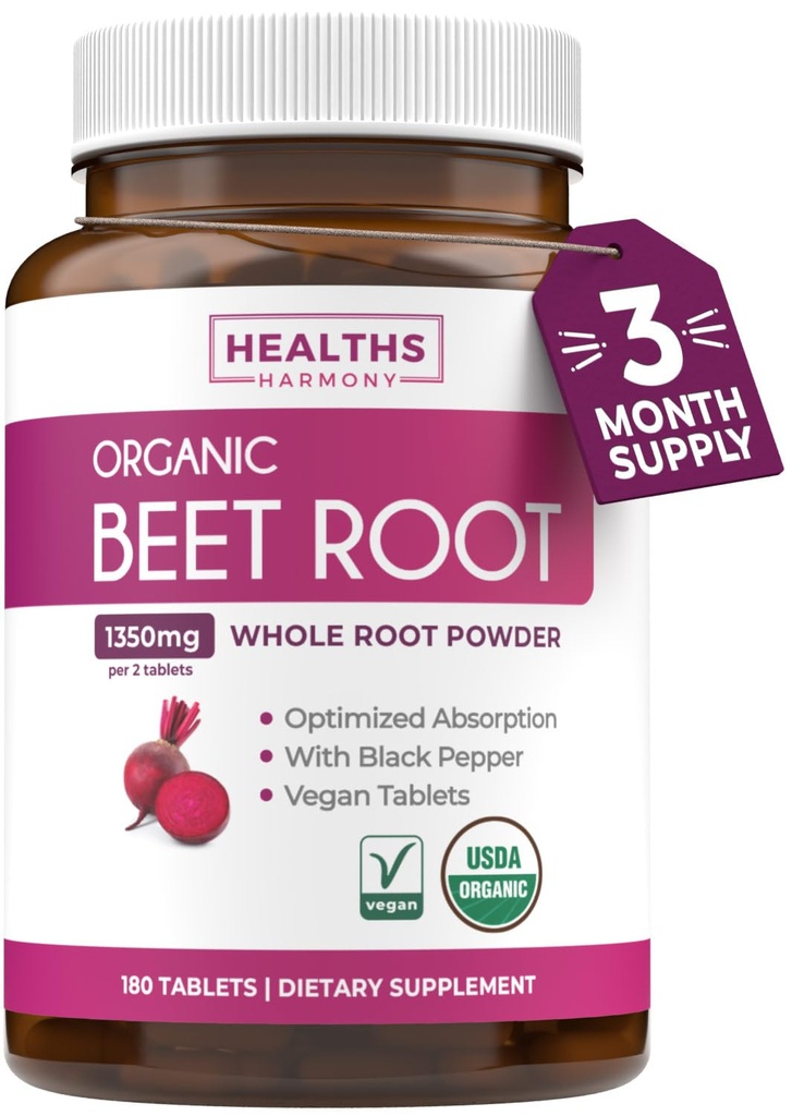 Organic Beet Root Powder Tablets - Extra Strength Beet Supplement with Black Pepper Extract for Enhanced Absorption to Support Heart Health Nitric Oxide Production & Athletic Performance (3 Months)