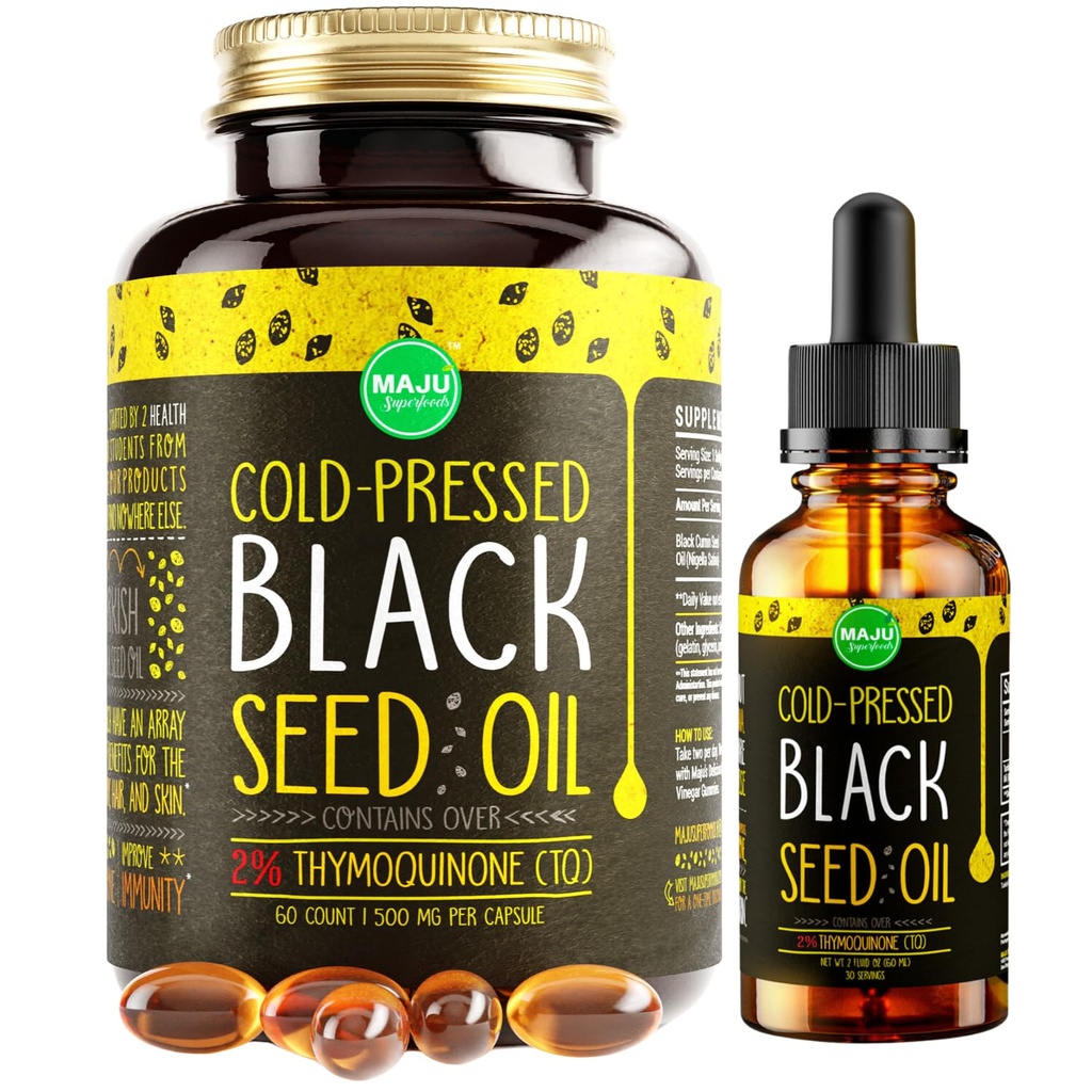 Maju Superfoods Μαύρο Έλαιο Σπέρματος 2 oz και Μαύρο Κάψουλες Λάδι Σπέρματος