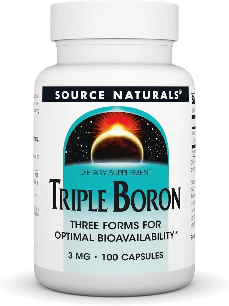Source Naturals, Triple Boron, Three Forms for Optimal Bioavailibilty*, Contains 3 Forms of The Trace Mineral Boron – Citrate, Aspartate, and Glycinate, 3mg - 100 Capsules