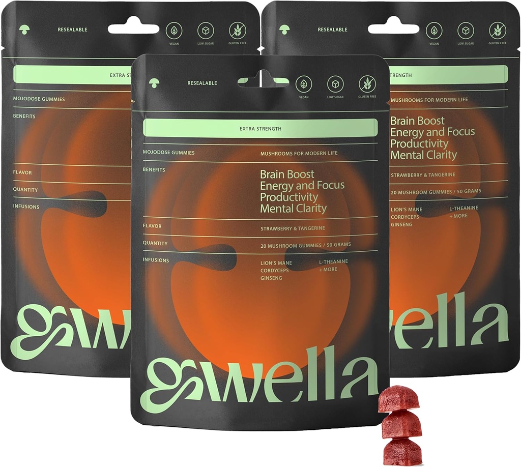 Gwella Focus Gummies with Lion’s Mane, Panax Ginseng, Ginger Root, Cordyceps, SAM-e, and Nootropics, Energy and Focus Supplement, Vegan, Φράουλα Tangerine (20 Count - Pack of 3)