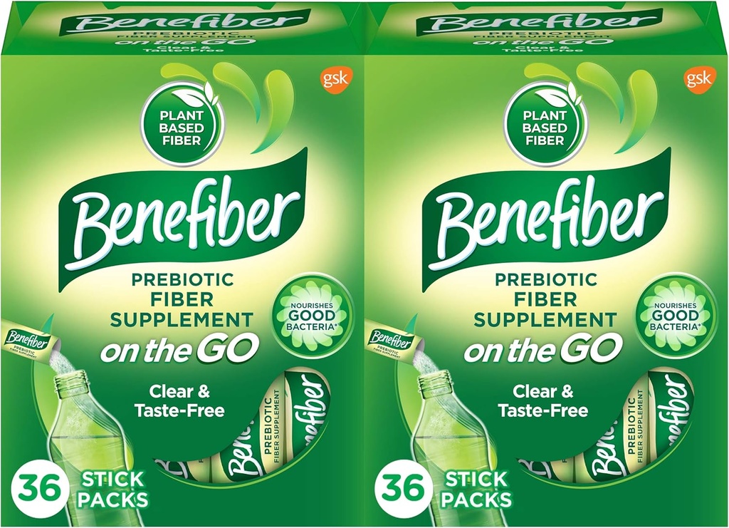 Benefiber On The Go Prebiotic Fiber Supplement Powder for Digestive Health, Daily Powder, Unflaved Stick Packs - 36 Sticks (Pack of 2)