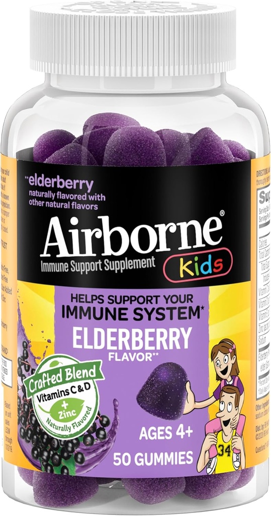 Airborne Kids Elderberry + Ψευδάργυρος & Βιταμίνη C Gummies, Παιδική Ανοσοποιητική Υποστήριξη με Ισχυρά Αντιοξειδωτικά VIT D & E - 50 Gummies, Γεύσεις Elderberry