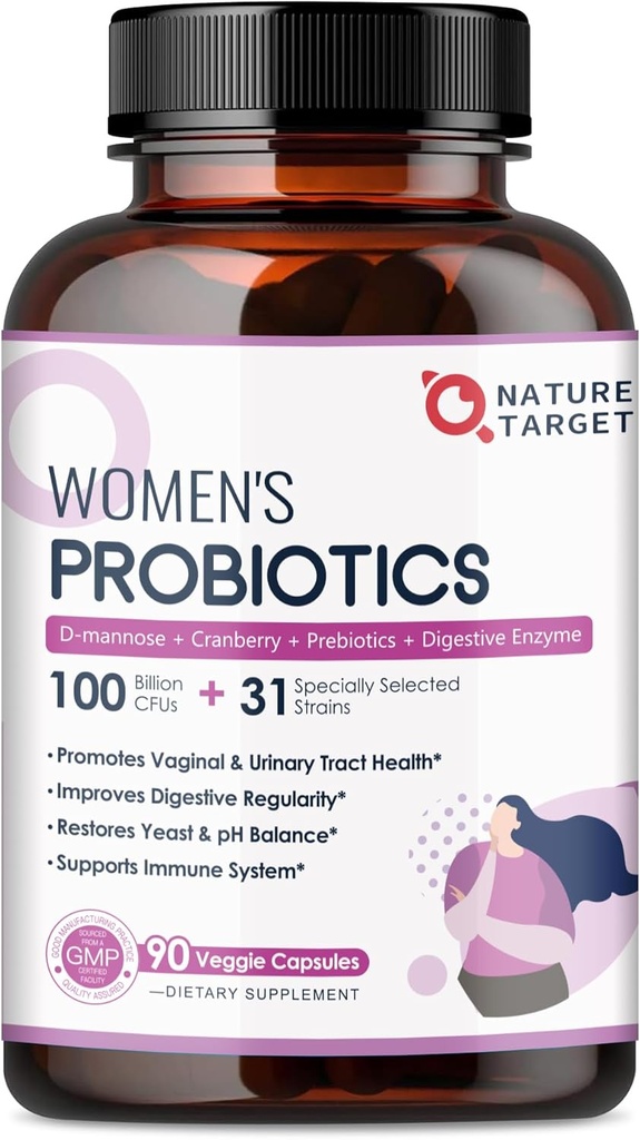 NATURE TARGET Probiotics for Women, 100 Billion CFUs Probiotic with Digestive Enzymes & Prebiotics, Vaginal Probiotics with Cranberry for Urinary Tract Health, pH Balance, 90 Veggie Capsules
