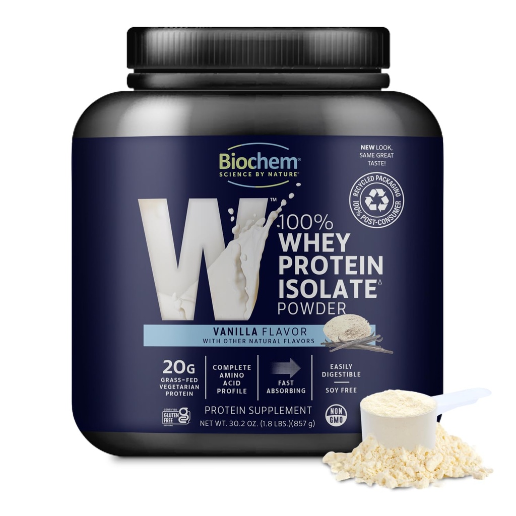 Biochem Whey Protein Isolate Powder - Vanilla Flavor, 20 γραμμάρια ανά υπηρεσία, προέρχεται από Grass Fed Cows, μη-GMO, χορτοφάγους, χωρίς τεχνητά αρώματα ή γλυκαντικά - Υποστηρίζει μυϊκή μάζα & απόδοση