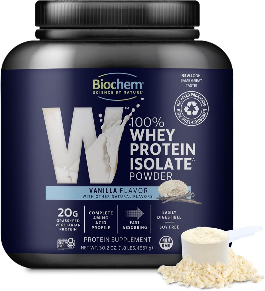 Biochem Whey Protein Isolate Powder - Vanilla Flavor, 20 γραμμάρια ανά υπηρεσία, προέρχεται από Grass Fed Cows, μη-GMO, χορτοφάγους, χωρίς τεχνητά αρώματα ή γλυκαντικά - Υποστηρίζει μυϊκή μάζα & απόδοση