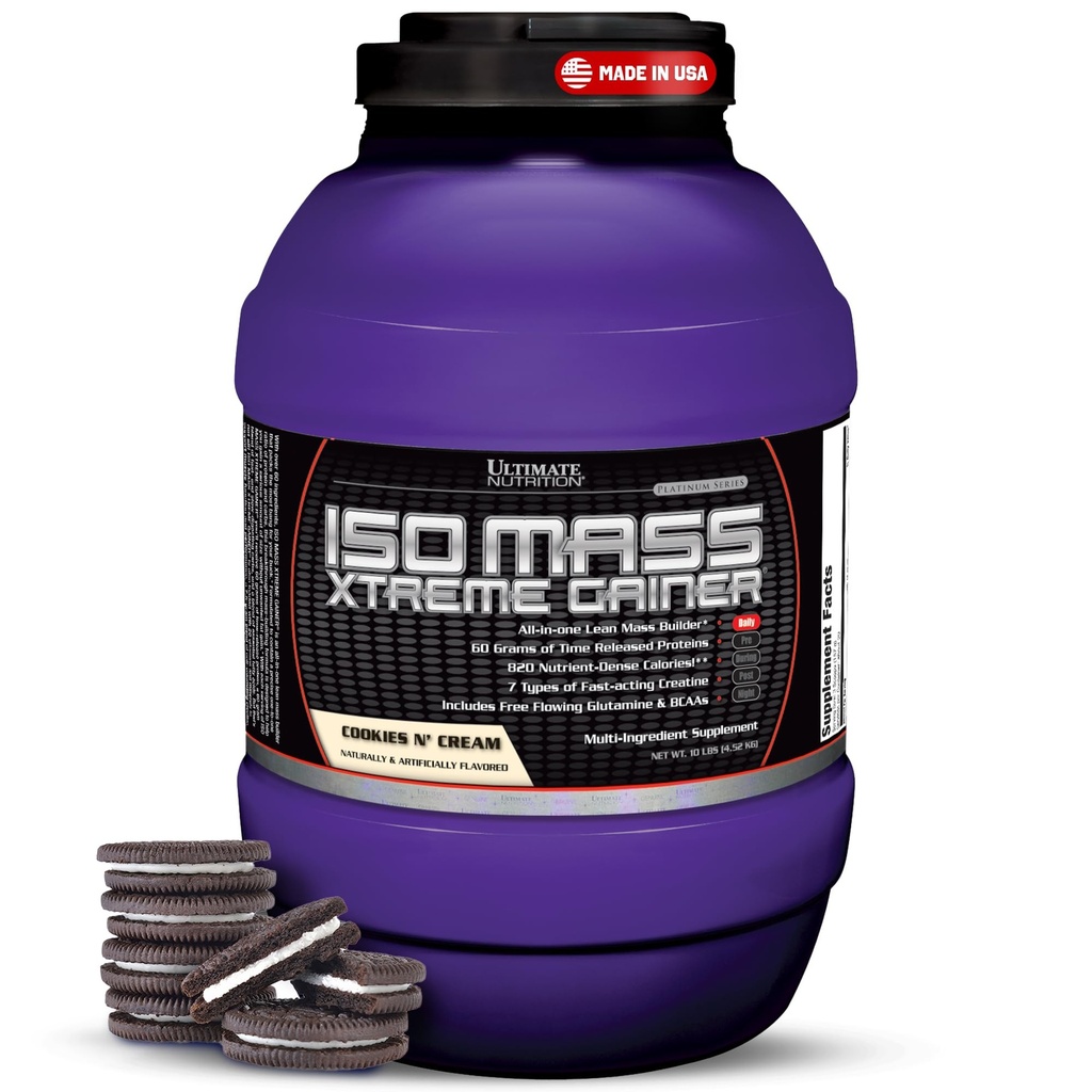 Ultimate Nutrition ISO Mass Xtreme Gainer - High-Calory Μαζική Κεραυνός με Creatine & Whey Isolate Πρωτεϊνική Σκόνη για την αύξηση βάρους, Lean μυϊκή μάζα, Μαζική Συμπλήρωμα - Cookies N Cream, 10lbs