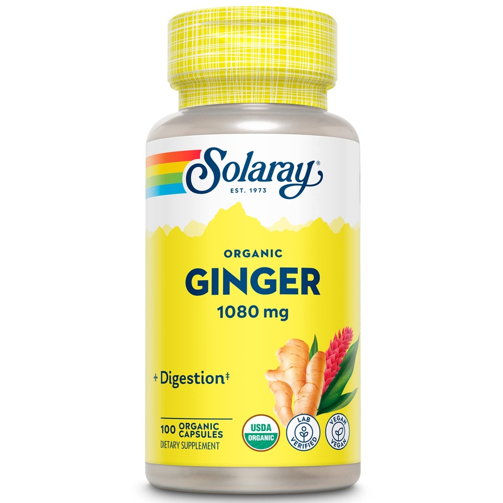 SOLARAY Organic Ginger 1080 mg - Βιολογικά Συμπληρώματα Ginger - Ανακουφίζει Ναυτία και Έμετος που σχετίζονται με την αδιαθεσία κίνησης, υποστηρίζει κοινή υγεία - Vegan, μη υπνηλία, 60 ημερών εγγύηση, 50 υπηρεσίες