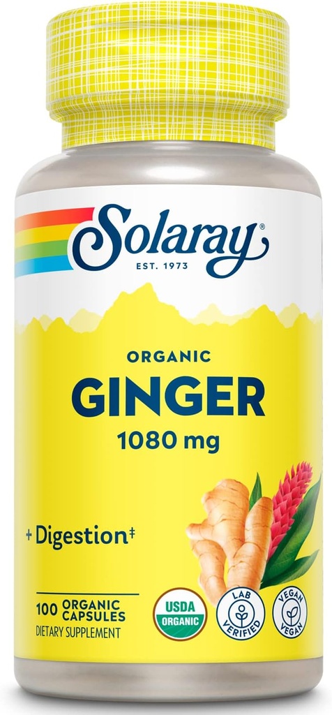 SOLARAY Organic Ginger 1080 mg - Βιολογικά Συμπληρώματα Ginger - Ανακουφίζει Ναυτία και Έμετος που σχετίζονται με την αδιαθεσία κίνησης, υποστηρίζει κοινή υγεία - Vegan, μη υπνηλία, 60 ημερών εγγύηση, 50 υπηρεσίες