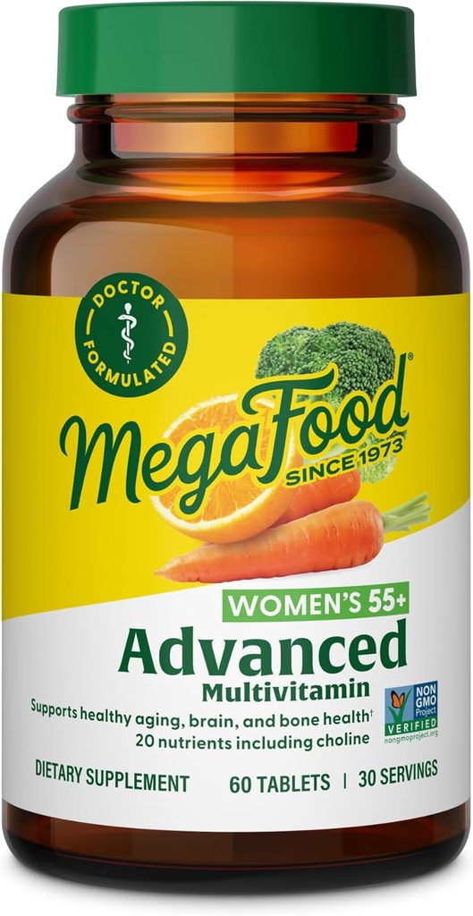 MegaFood Women's 55+ Advanced Multivitamin for Women - Doctor-Formulated with Choline, Vitamin D3, Vitamin B12, Biotin - Plus Real Food - Βέλτιστη γήρανση, - Χορτοφαγικά - 60 Tabs (30 Services)