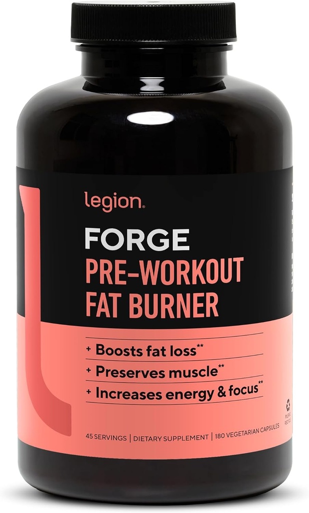 LEGION Forge Fasted Fat Burner - Thermogenic Fat Burner, Target Stomach Fat and Trim Belly Fat with Yohimbe, HMB Supplement, Choline. All Natural, 45 Servings.…, 180 Count (Pack of 1)