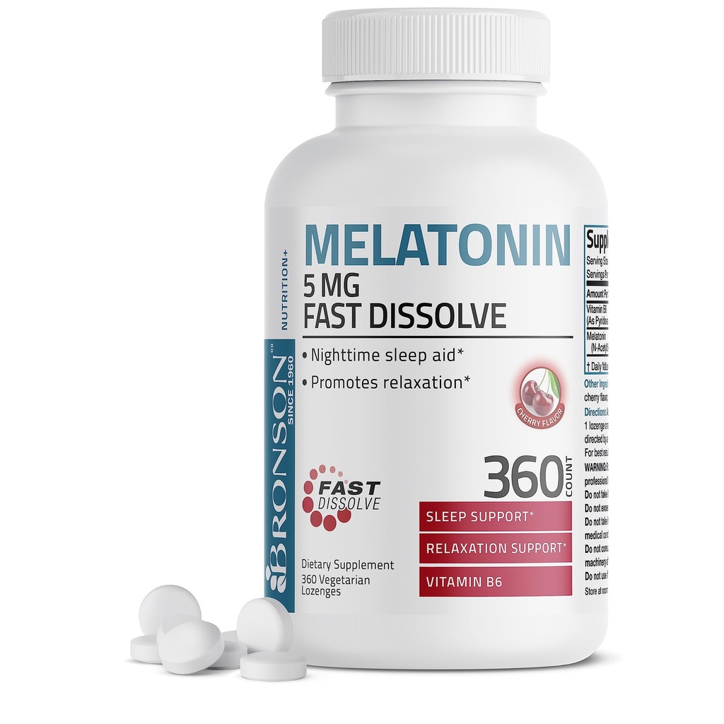 Bronson Μελατονίνη 5mg Διαλύστε γρήγορα τα δισκία γεύσης κεράσι με βιταμίνη Β6 - Nighttime Sleep Aid - Προάγει την χαλάρωση, 360 χορτοφαγικά Μασώμενα Lozenges