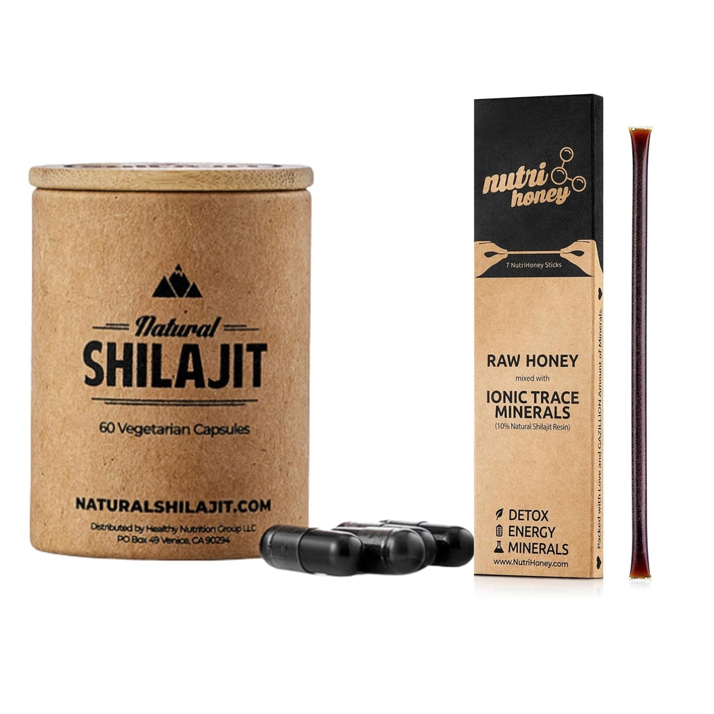 Φυσικές κάψουλες Shilajit (1-2 Μήνες Προμήθεια) - 60 Count & Shilajit Μελιού Sticks - Φυσικό Shilajit Resin Μικτή με Ακατέργαστο Μέλι (7 Sticks)