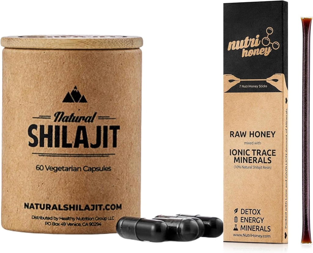 Φυσικές κάψουλες Shilajit (1-2 Μήνες Προμήθεια) - 60 Count & Shilajit Μελιού Sticks - Φυσικό Shilajit Resin Μικτή με Ακατέργαστο Μέλι (7 Sticks)