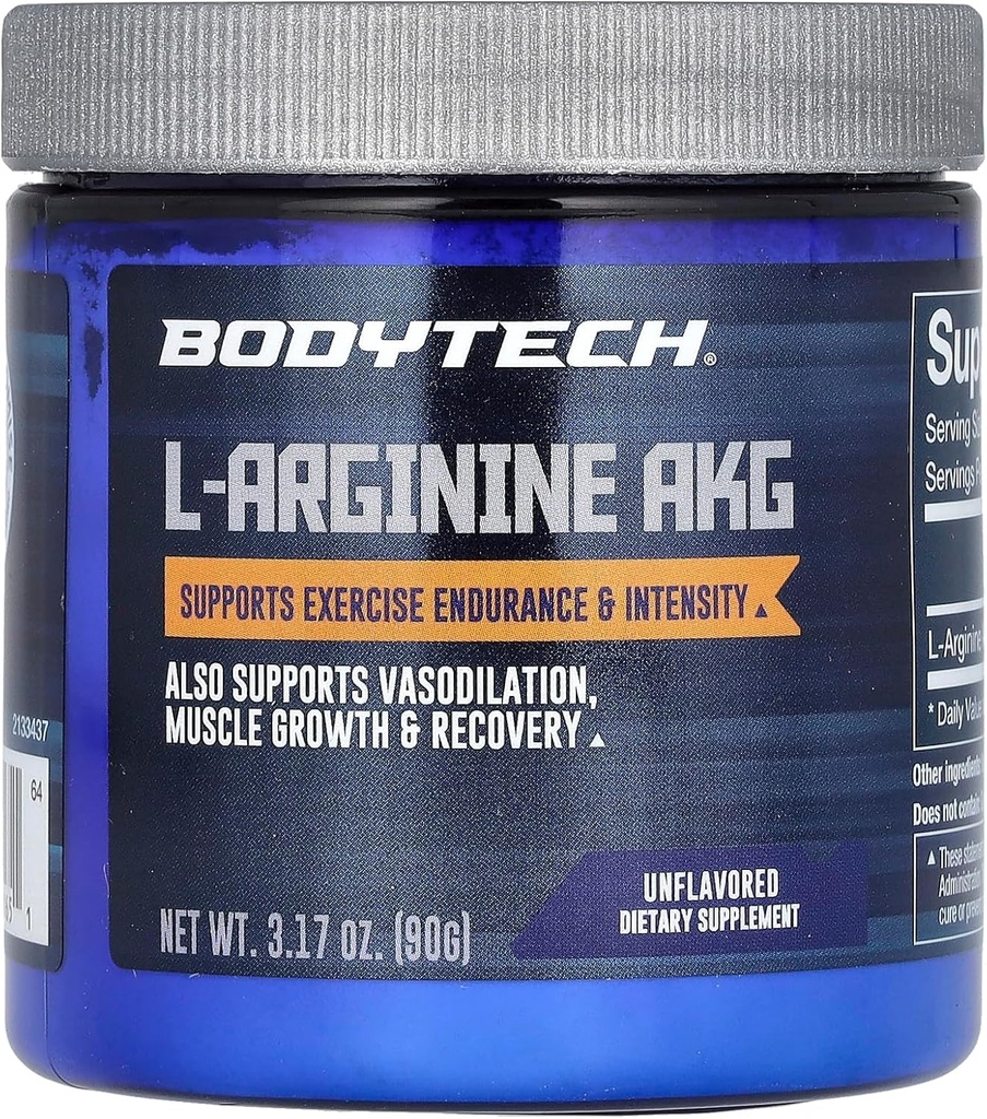 BODYTECH L-αργινίνη AKG 3000MG - Υποστηρίζει άσκηση αντοχής & έντασης, μυϊκής ανάπτυξης & αποκατάστασης, αγγειοδιαστολής, νιτρικού οξέως (3.17 ουγγιά σκόνη)