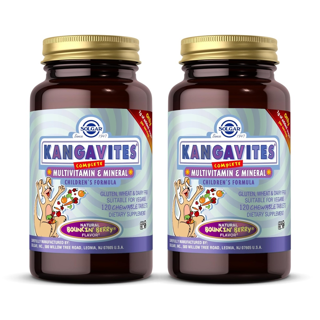Solgar Kangavites, Bouncin’ Berry Flavor - 120 Μασώμενα δισκία, Συσκευασία των 2 - Πλήρης πολυβιταμίνη & Ορυκτή φόρμουλα για παιδιά - Vegan, Χωρίς γλουτένη