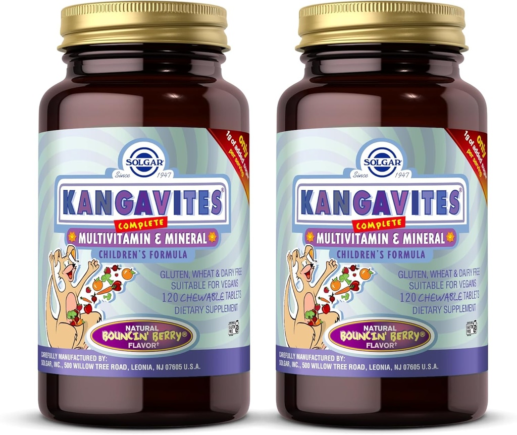 Solgar Kangavites, Bouncin’ Berry Flavor - 120 Μασώμενα δισκία, Συσκευασία των 2 - Πλήρης πολυβιταμίνη & Ορυκτή φόρμουλα για παιδιά - Vegan, Χωρίς γλουτένη