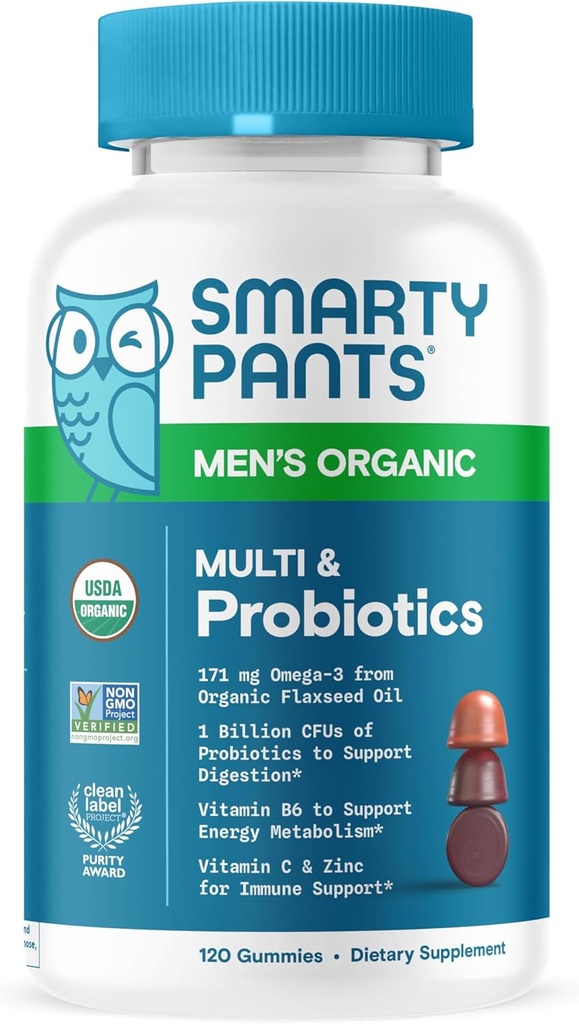 SmartyPants Multivitamin για τους άνδρες, Βιολογικά Gummies: Προβιοτικά, CoQ10, Methylfolate, Omega 3 (ALA), Βιταμίνη D3, C, Βιταμίνη B12, B6, A, K & Ψευδάργυρος για την υποστήριξη του ανοσοποιητικού, Biotin, 120 Gummies (30 Ημέρα προσφοράς)