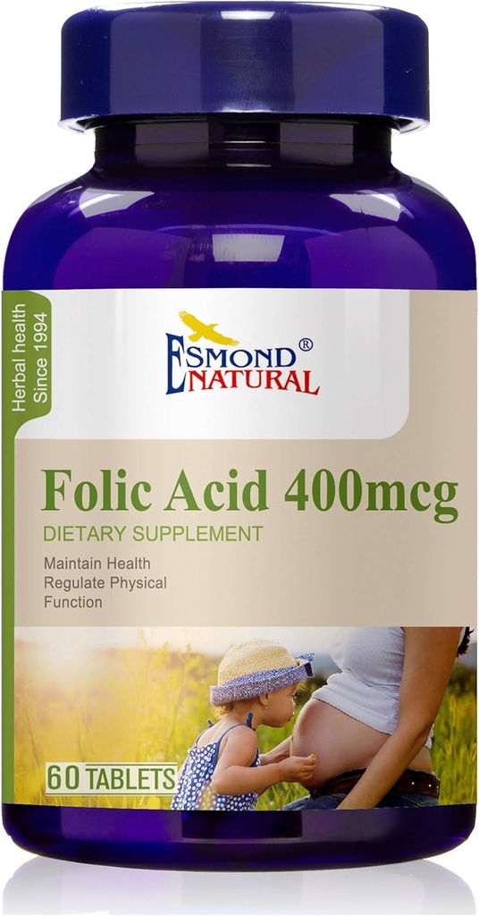 (3 Pack) Esmond Natural: Folic Acid 400mcg (Pregnancy Support, Maintain Health Functions), GMP, Natural Product Assn Certified, Made in USA - 400mcg, 180 Tablets