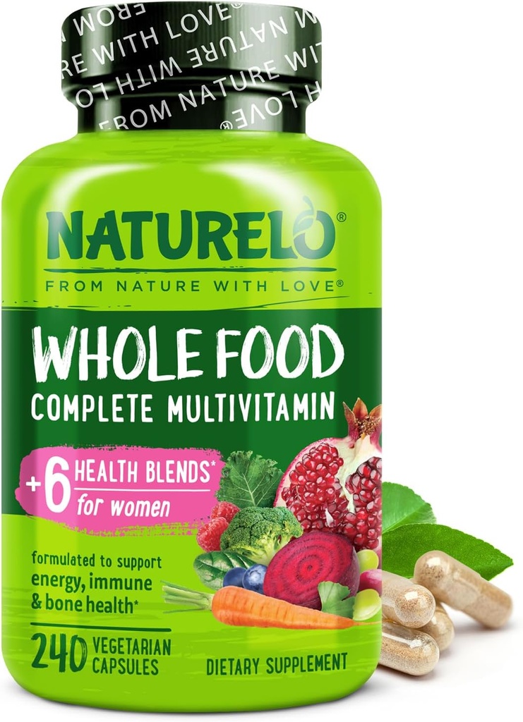 NATURELO Ολόκληρα τρόφιμα Πολυβιταμίνη για γυναίκες - με Βιταμίνες, Ορυκτά, & Βιολογικά Εκχυλίσματα - Συμπλήρωμα για την Ενέργεια και την Καρδιά Υγεία - Μη ΓΤΟ - 240 Κάψουλες Vegan