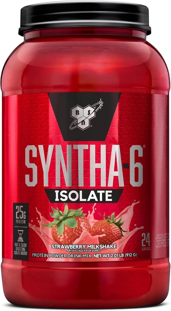 BSN SYNTHA-6 Isolate Protein Powder, Strawberry Protein Powder with Whey Protein Isolate, Milk Protein Isolate, Flavor: Strawberry Milkshake, 24 Servings (Packaging May Vary)