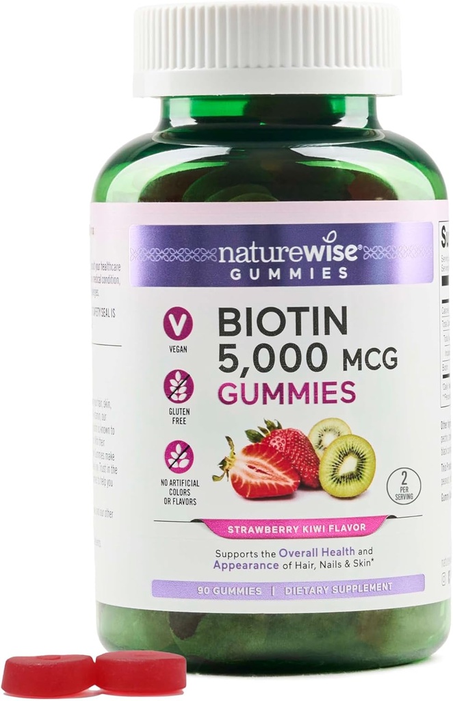 NatureWise Biotin Gummies - Υποστηρίζει υγιή μαλλιά, δέρμα και ισχυρά νύχια - Βιταμίνη B7 5000mcg - Φυσική ομορφιά - Φράουλα-Kiwi Γεύση - Vegan, μη GMO, Χωρίς γλουτένη - 90 Count[45 Day Supply]