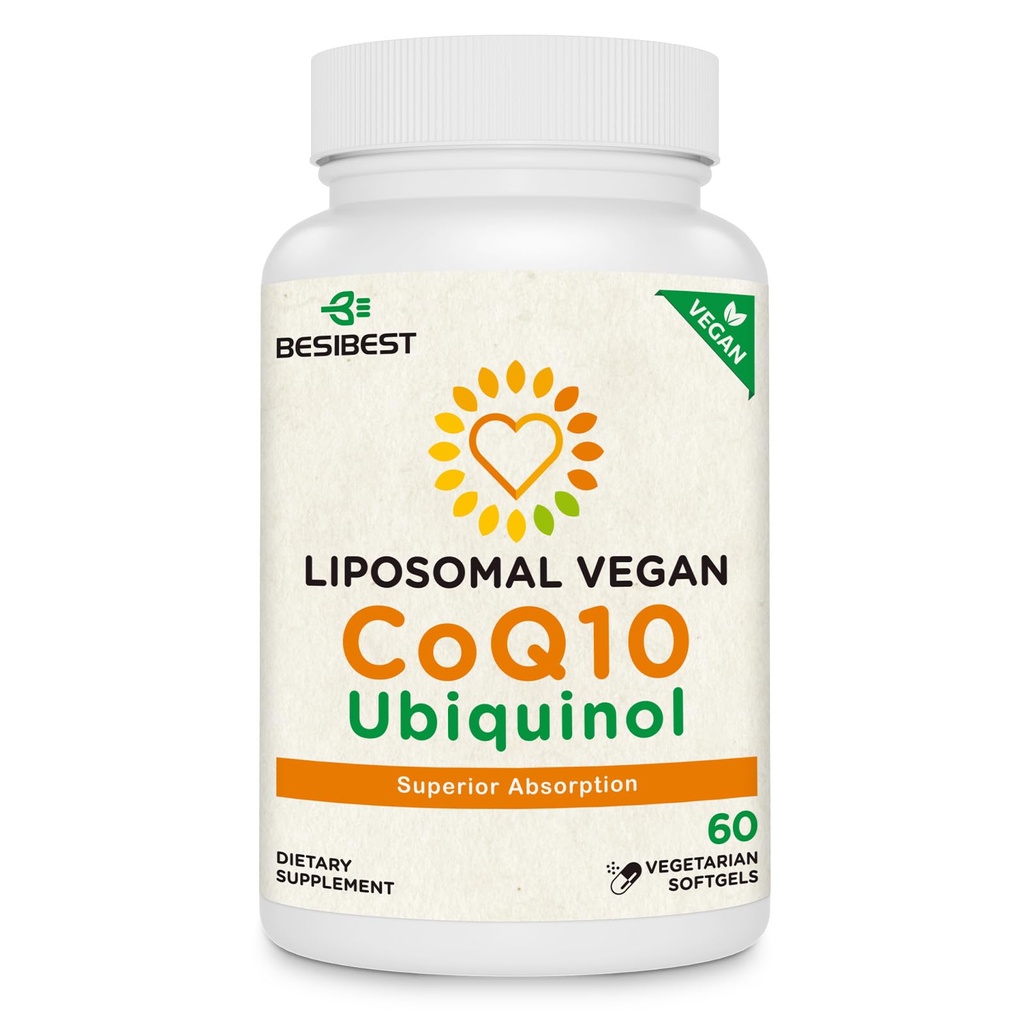 Besibest 1000mg Liposomal CoQ10 Ubiquinol, 60 Vegan Softgels, Υψηλή απορρόφηση Ubiquinol CoQ10 συμπλήρωμα, Ενεργή Αντιοξειδωτική μορφή του συνένζυμου Q10 για λειτουργία καρδιάς & παραγωγή ενέργειας