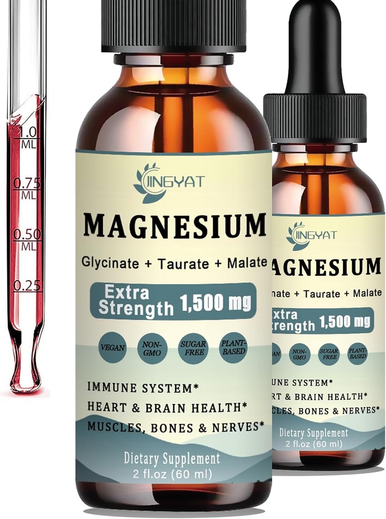 1500mg Σύμπλεγμα μαγνησίου Υγρές σταγόνες - Υψηλή απορρόφηση Τριπλή Μαγνήσιο Υγρού Μαγνησίου Γλυκινικό, Ταυρικό & Κακό, Προστέθηκε με Coq10, Ψευδάργυρος, βιταμίνη D3 για τους μυς, τα νεύρα & την ενέργεια