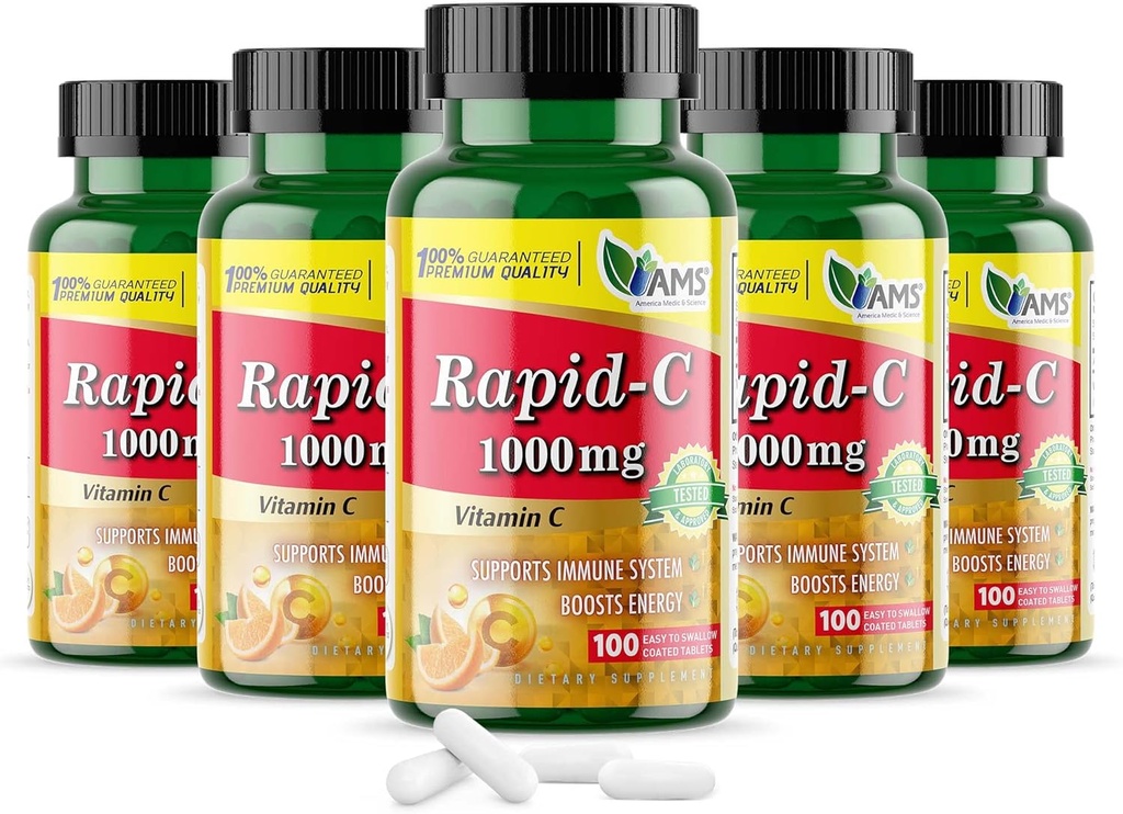 America Medic & Science Rapid-C 1000mg συμπλήρωμα βιταμίνης C (5 πακέτο των 100 δισκία) Ενεργειακός ενισχυτής, Καθημερινή υποστήριξη ανοσοποιητικού συστήματος, Αντιοξειδωτικό 