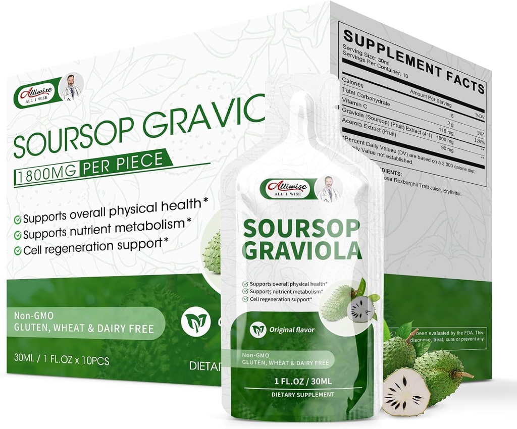 Soursop Graviola Liquid, Soursop Extract Organic Pure for Cell Support & Regeneration, Immune Boost, Υψηλή απορρόφηση Soursop Bitters Drink / Oral Solution-10 FL OZ