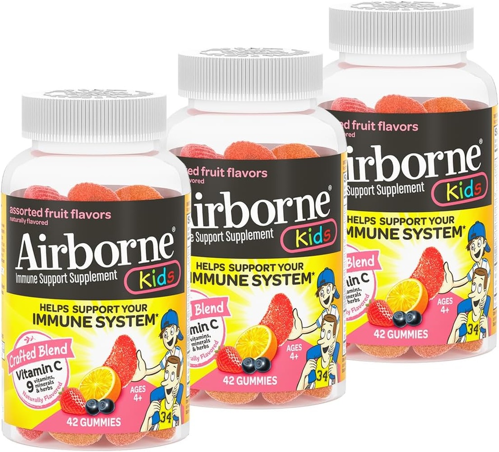 Airborne 500mg Βιταμίνη C + ψευδάργυρος Ανοσοποιητική υποστήριξη Gummies συμπλήρωμα για τα παιδιά, Ποικιλία Fruit Γεύση, Γλουτένη Δωρεάν βιοτεχνημένη ανάμειξη με Ισχυρές Αντιοξειδωτικές Βιταμίνες C & E, 42 Gummies (3 Pack)