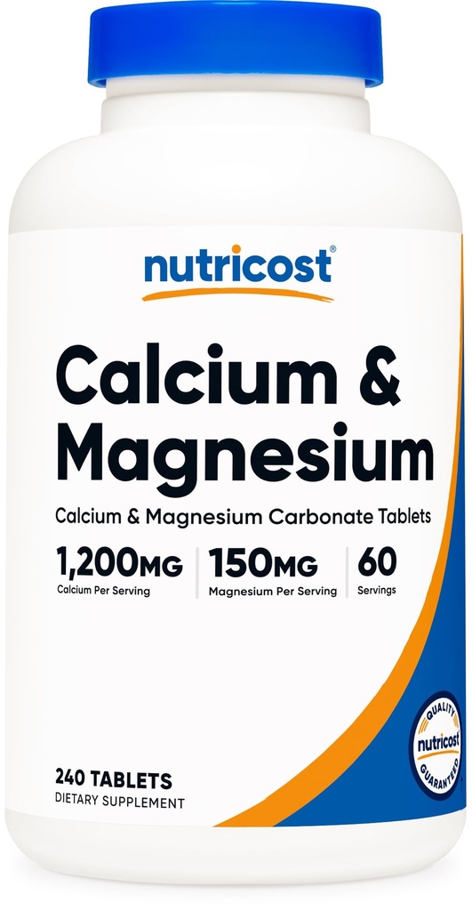 Nutricost Ασβέστιο & Μαγνήσιο Ανθρακικό 240 Δισκία, 1200mg Ca & 150mg Mg ανά Σερβίρισμα, 60 Σερβιέτες- Χωρίς γλουτένη, Μη ΓΤΟ