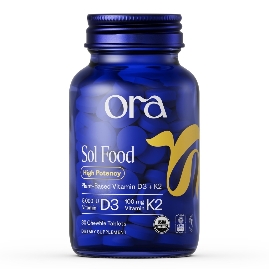 Ora Organic Vitamin D3 5000IU + K2 - Vegan Vitamin D από την Lichen και K2 από την Chickpeas για την υγεία των οστών, ανοσοποιητική υποστήριξη, & διάθεση, μέγιστη απορρόφηση - προμήθεια 1 μήνα, 30 Μασώμενα δισκία