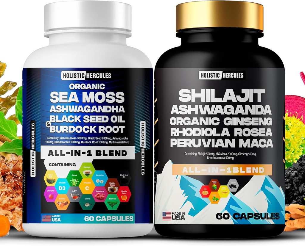 Holistic Hercules Classic Combo Bundle - Sea Moss 3000mg, Μαύρος Σπόρος 2000mg, Ashwagandha 1000mg, Shilajit 5000mg, Panax Ginseng 1500mg, Περουβιανή Maca 2000mg, Όλα σε 1 πακέτο Συμπληρωμάτων