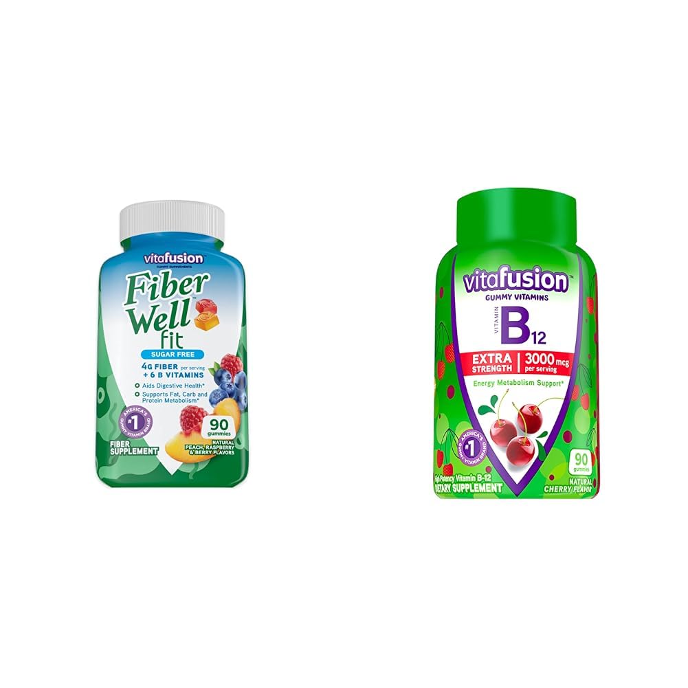 Vitafusion Fiber Well Fit Gummies Supplement, 90 Count (Packaging May Vary) & Επιπλέον δύναμη Βιταμίνη Β12 Gummy Βιταμίνες για την υποστήριξη του μεταβολισμού ενέργειας