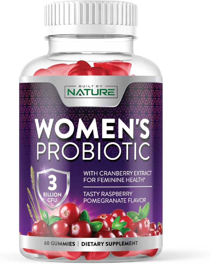 Built by Nature Probiotics for Women Gummies 3 Billion CFU, 6 Probiotic Strains with Cranberry Supplement, Digestive, Immune, Vaginal & Urinary Health, Shelf Stable, 60 Gummy