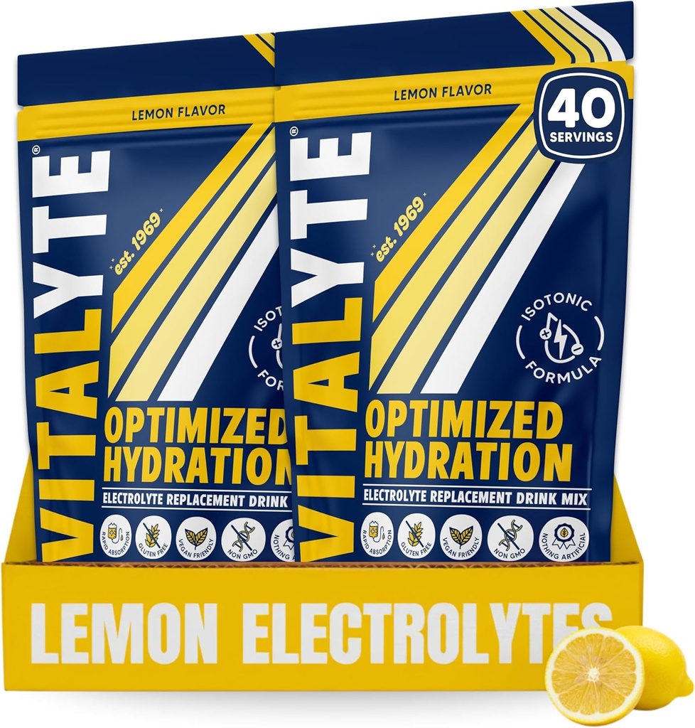 Vitalyte Ηλεκτρολυτικό Ποτό σε σκόνη Μίγμα, Ισοτονικό Ηλεκτρολυτικό Μείγμα Ενυδάτωσης, Χωρίς Γλουτένη Μετα Εκγύμναση Σκόνης, Συσκευασία των 2, 35 oz. Καθεμιά, Λεμονάδα
