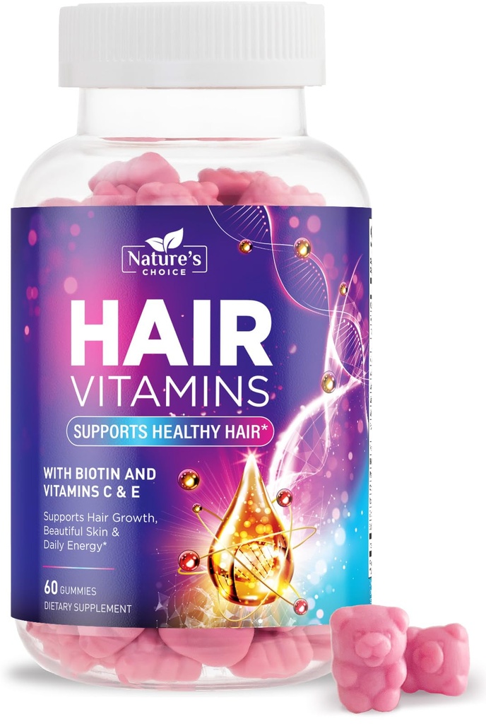 Βιταμίνη μαλλιών Gummies με 5000 mcg Βιοτίνη, υποστήριξη της ανάπτυξης μαλλιών Gummy, Premium Χορτοφαγική Μη-GMO Με Βιταμίνες E & C για ισχυρότερη, όμορφη μαλλιά, δέρμα & νύχια, Biotin Gummies Συμπλήρωμα - 60 Gummies