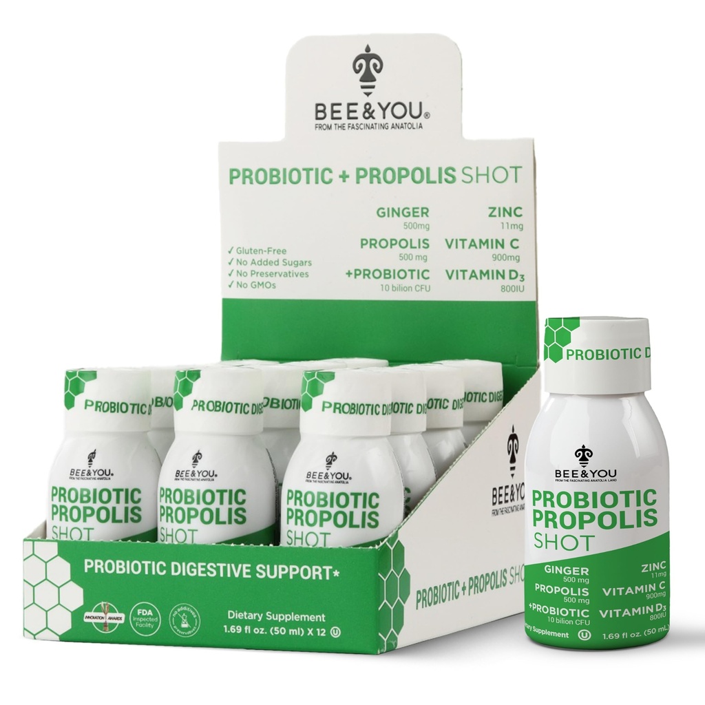 Bee and You Propolis Ανοσοποιητική βολή, Προβιοτική, Βιταμίνη C, Βιταμίνη D3, Ψευδάργυρος, Τζίντζερ, Ανοσολογική υποστήριξη, Υγεία των Ούλων, Επιπεφυκίτιδα Υγεία, Βιοενεργός 1.69 fl. oz, 12 Pack