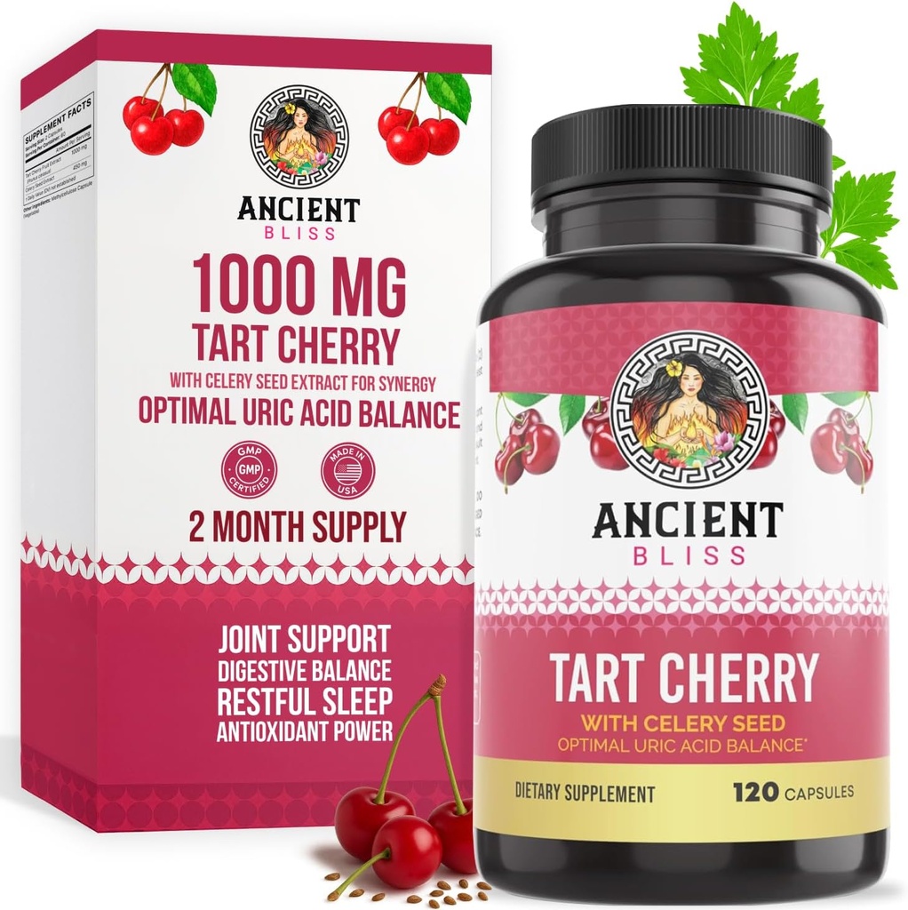 Αρχαίες κάψουλες Bliss Tart Cherry, Φλεγμονή & Κοινό συμπλήρωμα υποστήριξης για άνδρες & γυναίκες, συμπλήρωμα Tart Cherry για την υποστήριξη της πέψης, ύπνου & ζωτικότητα (120 κάψουλες)