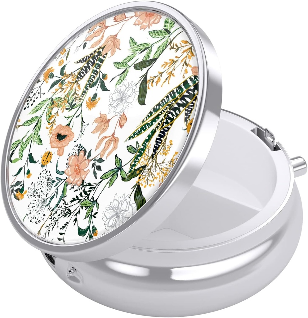 Nipichsha Pill Box, Small Pill Case for Purse & Pocket, Cute Travel Medicine Organizer, Portable Medicine Container Holder to Hold Vitamins, Medication, Fish Oil & Supplement, Flowers Illustration