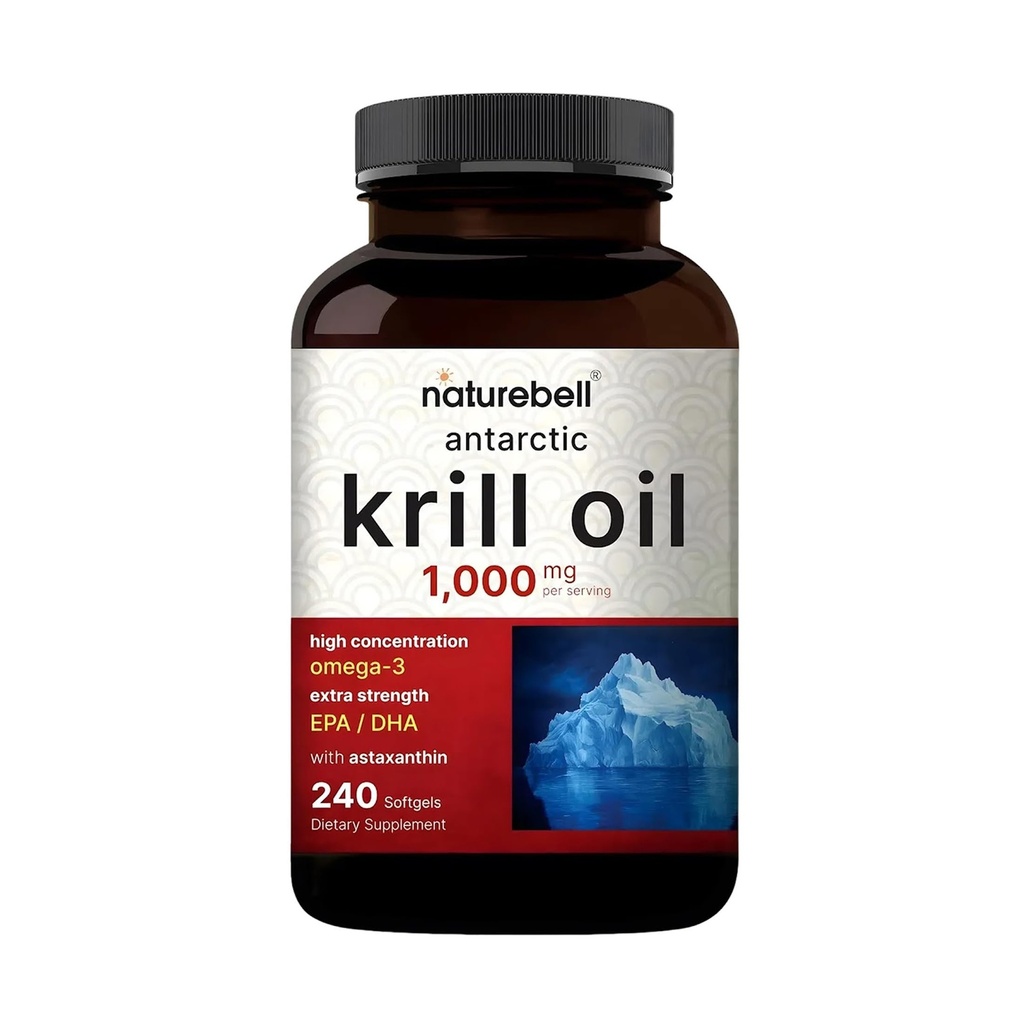 NatureBell Antarctic Krill Oil 1000mg - 240 Softgels - Ωμέγα-3 Καρδιά, Κοινή & Ανοσολογική Υποστήριξη Υγείας* - Υψηλή EPA DHA με Ασταξανθίνη - Μη-ΓΤΟ & Χωρίς γλουτένη