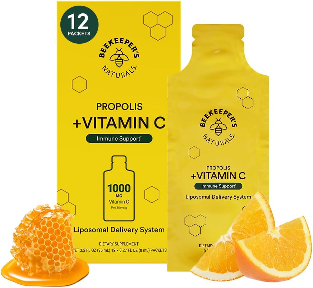 Propolis Liposomal Vitamin C by Beekeeper's Naturals, 1000mg Vitamin C, Propolis & Organic Honey, Υπερτροφοδοτούμενη Ανοσολογική Υποστήριξη & Αυξημένη Βιοαπορρόφηση, 12 Ct