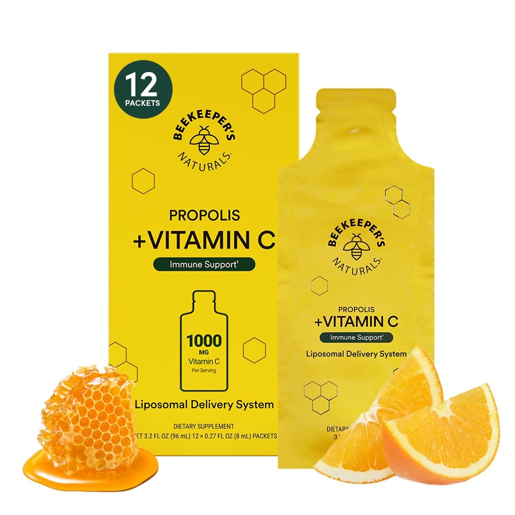 Propolis Liposomal Vitamin C by Beekeeper's Naturals, 1000mg Vitamin C, Propolis & Organic Honey, Υπερτροφοδοτούμενη Ανοσολογική Υποστήριξη & Αυξημένη Βιοαπορρόφηση, 12 Ct