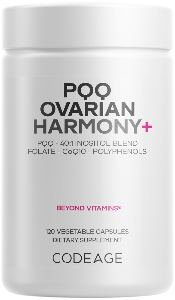 Συμπληρώματα PQQ Ovarian Harmony+ - PQQQ (Pyrroloquinoline Quinone), Myo-Inositol & D-Chiro-Inositol 40:1 Blend, Folate 5-MTHF, CoQ10, Wild Blueberry - Liposomal Delivery - Μη ΓΤΟ - 120 Κάψουλες