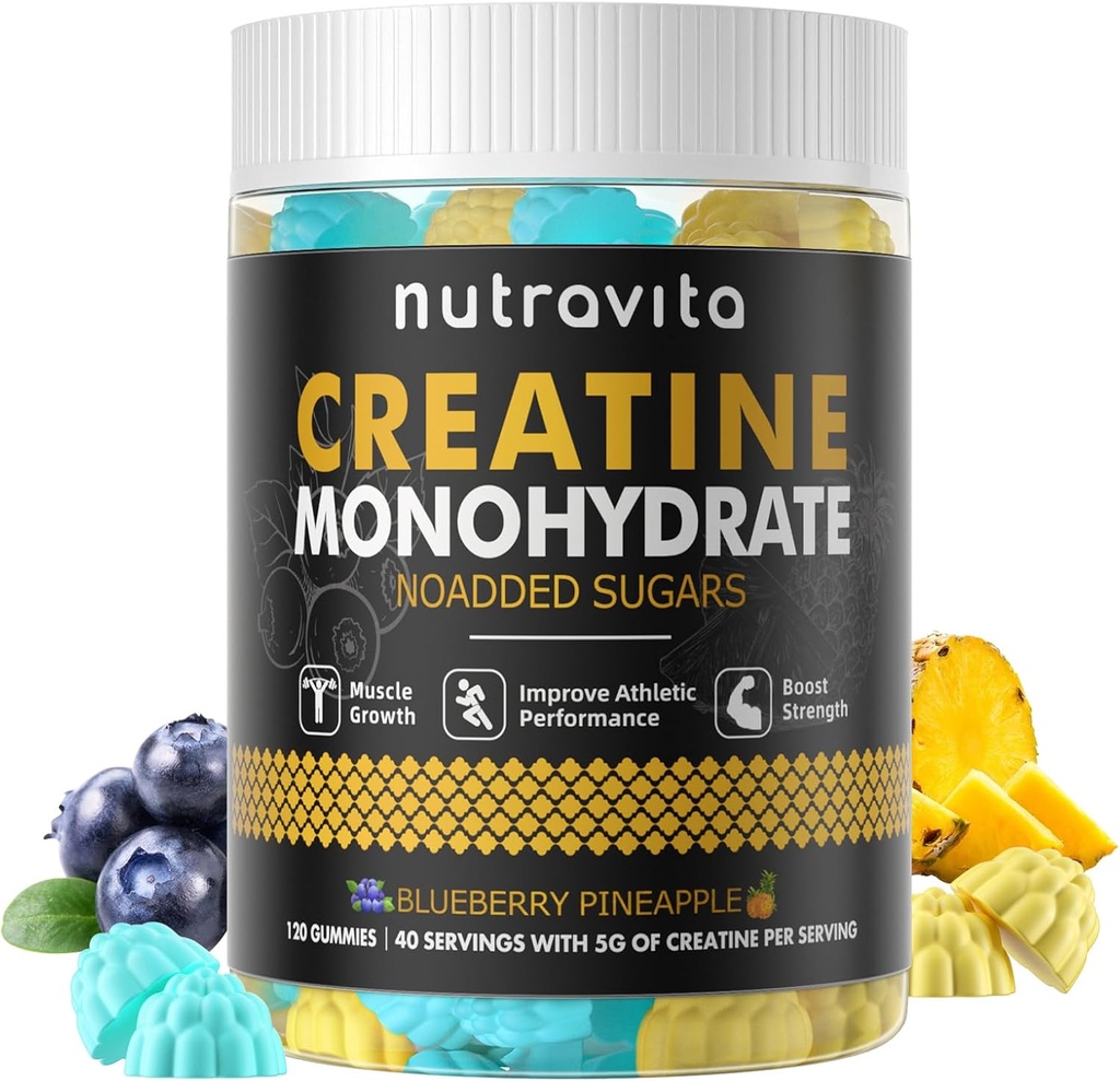 Nutravita Creatine Monohydrate Gummies for Men & Women-5g Creatine Monohydrate per Serving - Χωρίς ζάχαρη,Vegan,Blueberry Pineapple Flavor, 120 Count