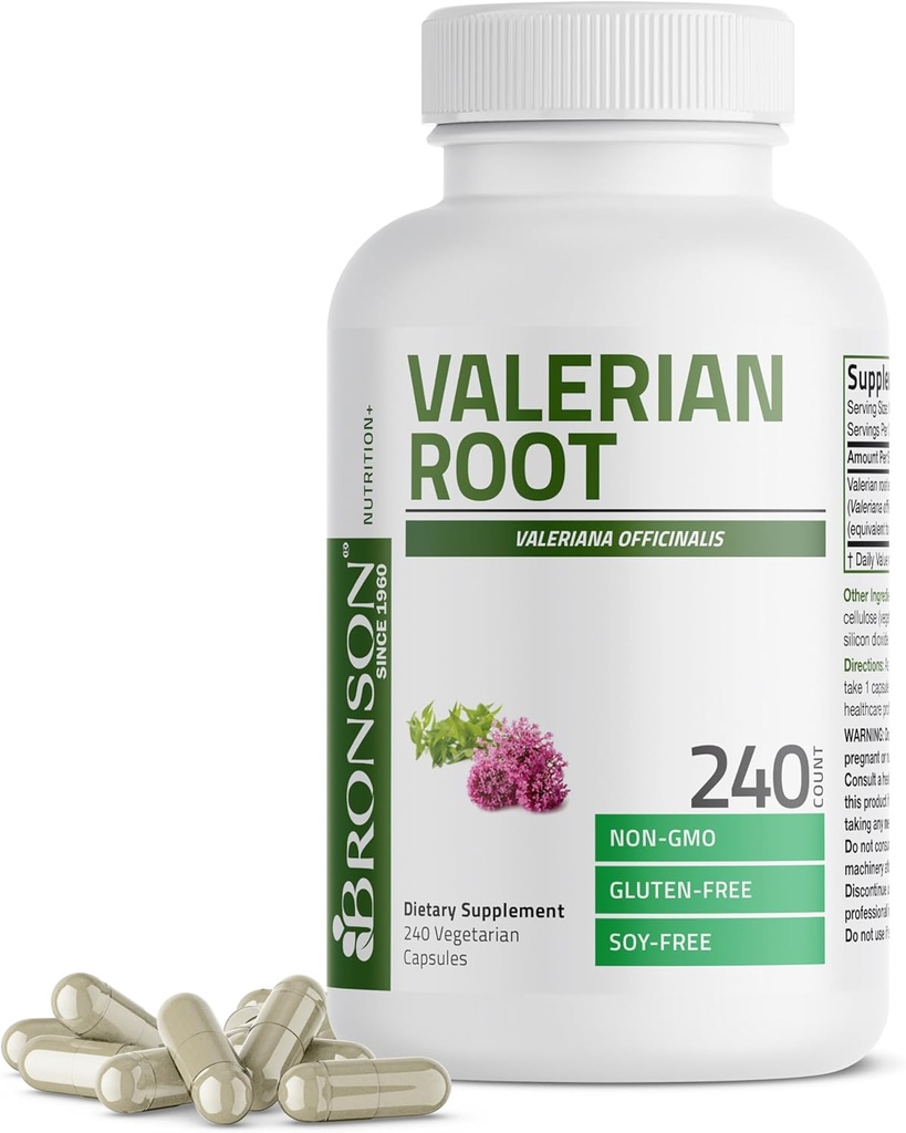 Bronson Valerian Root Capses - Valerian Officinalis - Προάγει την χαλάρωση - Μη ΓΤΟ, Χωρίς γλουτένη σόγιας, 240 Χορτοφαγικές κάψουλες