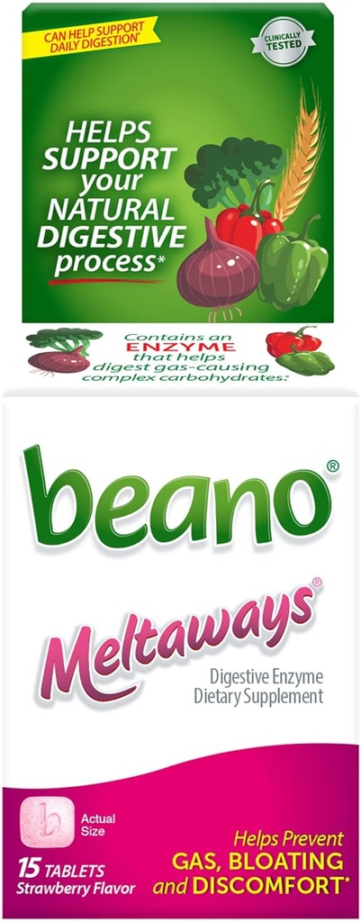 Beano Meltaways, Πρόληψη Αερίου & Συμπλήρωμα Ενζύμου Digestive, Φράουλα Γεύση, 15 κόμης
