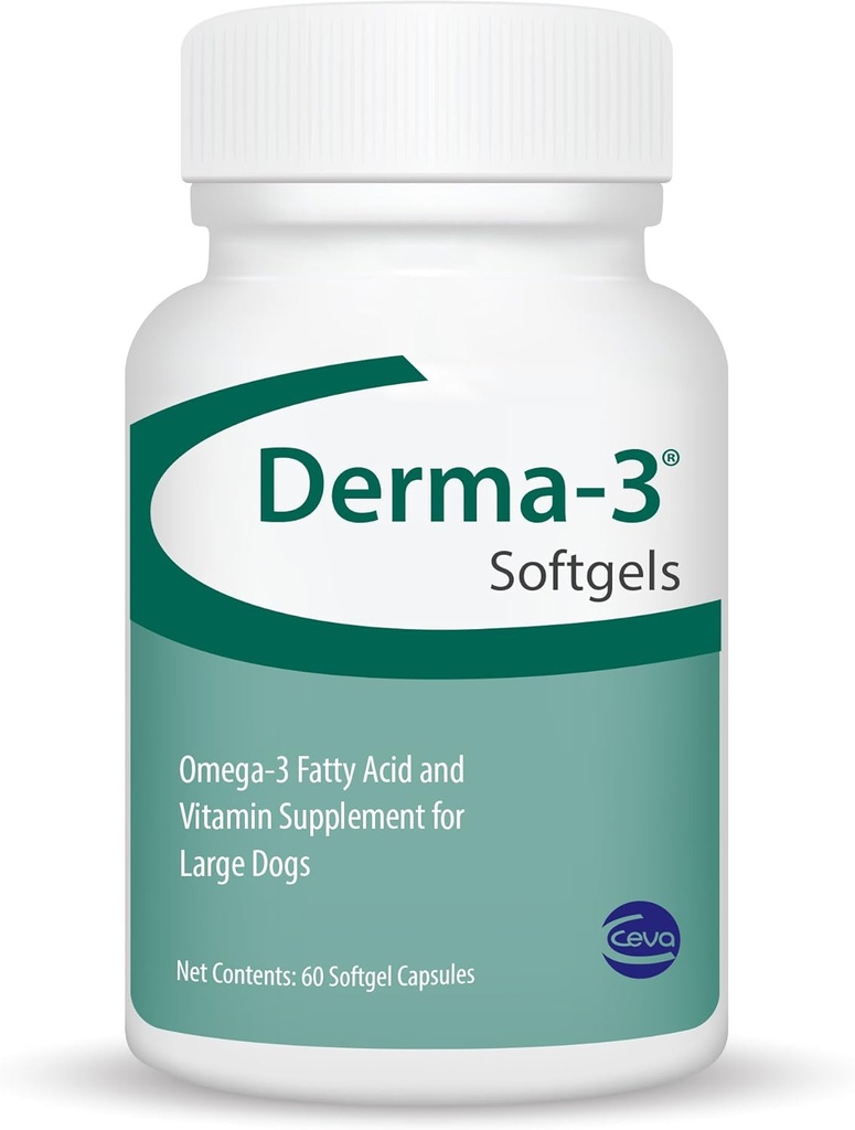 Ceva Derma-3 Softgels, Ωμέγα-3 λιπαρά οξέα & συμπλήρωμα βιταμίνης για μεγάλα σκυλιά (60 κόμη)