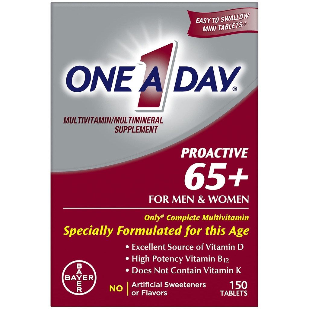 One A Day Proactive 65+, Mens & Womens Multivitamin, συμπλήρωμα με βιταμίνη Α, C, D, και ψευδάργυρος για την υποστήριξη της υγείας των οστών & κυττάρων υγεία, ασβέστιο, φολικό οξύ, δισκίο 150 Count